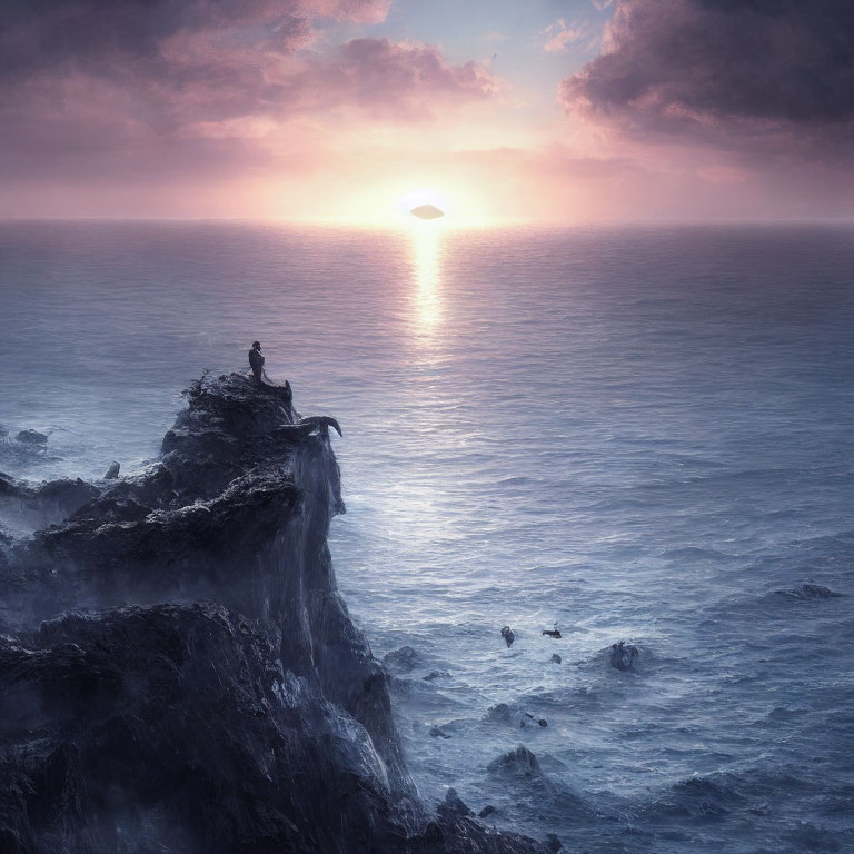 Person sitting on cliff at sunset with ocean waves and pastel sky