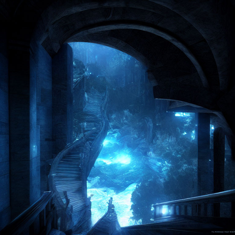 Mystical Blue-Lit Cavern with Glowing Flora and Enigmatic Structures