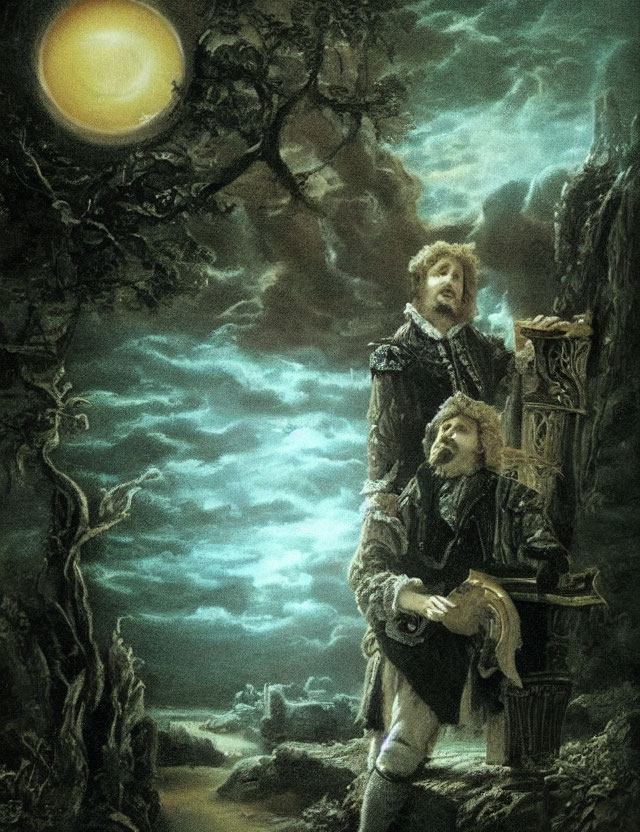 Two people in historical attire in misty moonlit landscape with eerie clouds and barren trees.