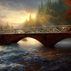 Tranquil landscape: bridge over river with misty, sunlit banks