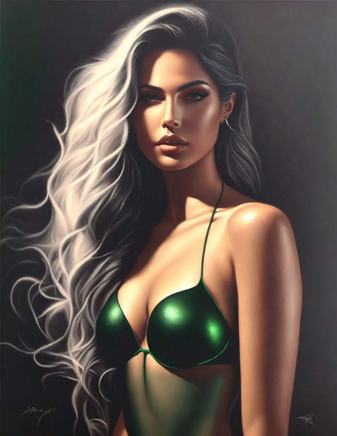 Elegant woman with white hair and green bikini top on dark background