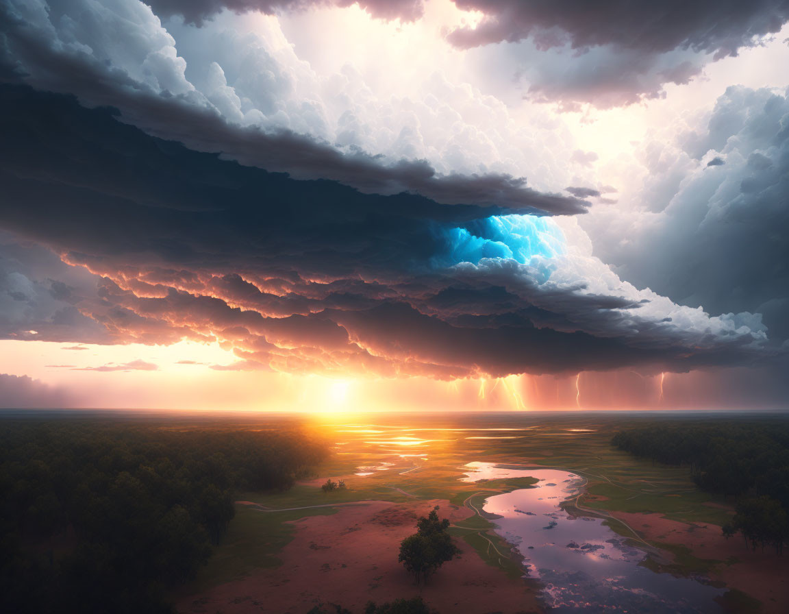 Dramatic sky with thunderstorm clouds over serene landscape, lightning strike, setting sun, winding river