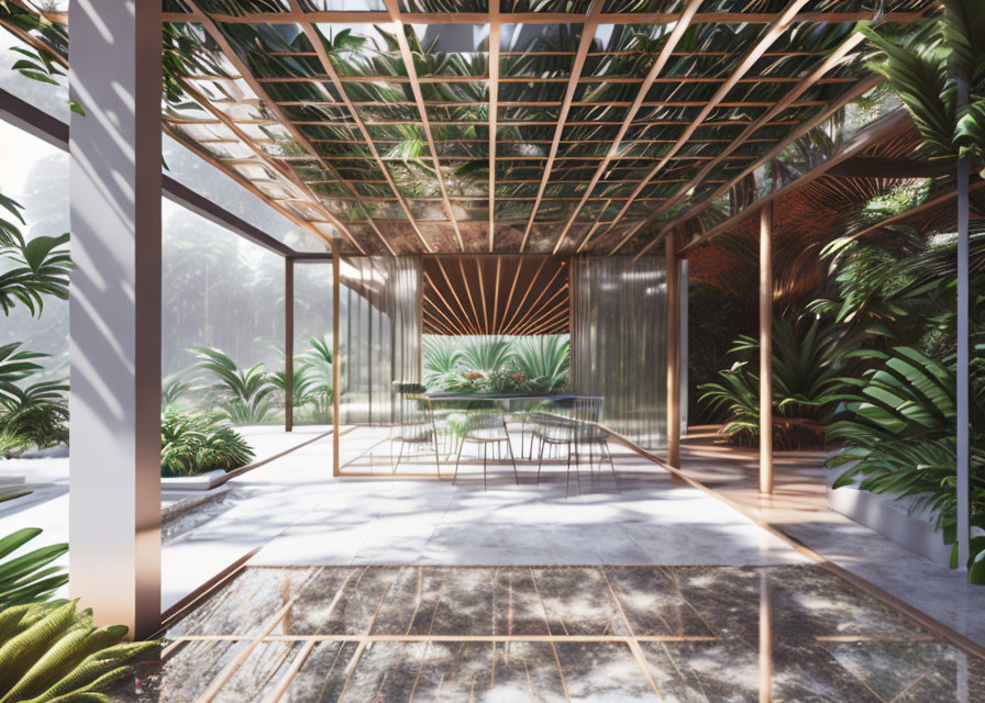 Metal-framed greenhouse with glass walls and lush plants in forest setting