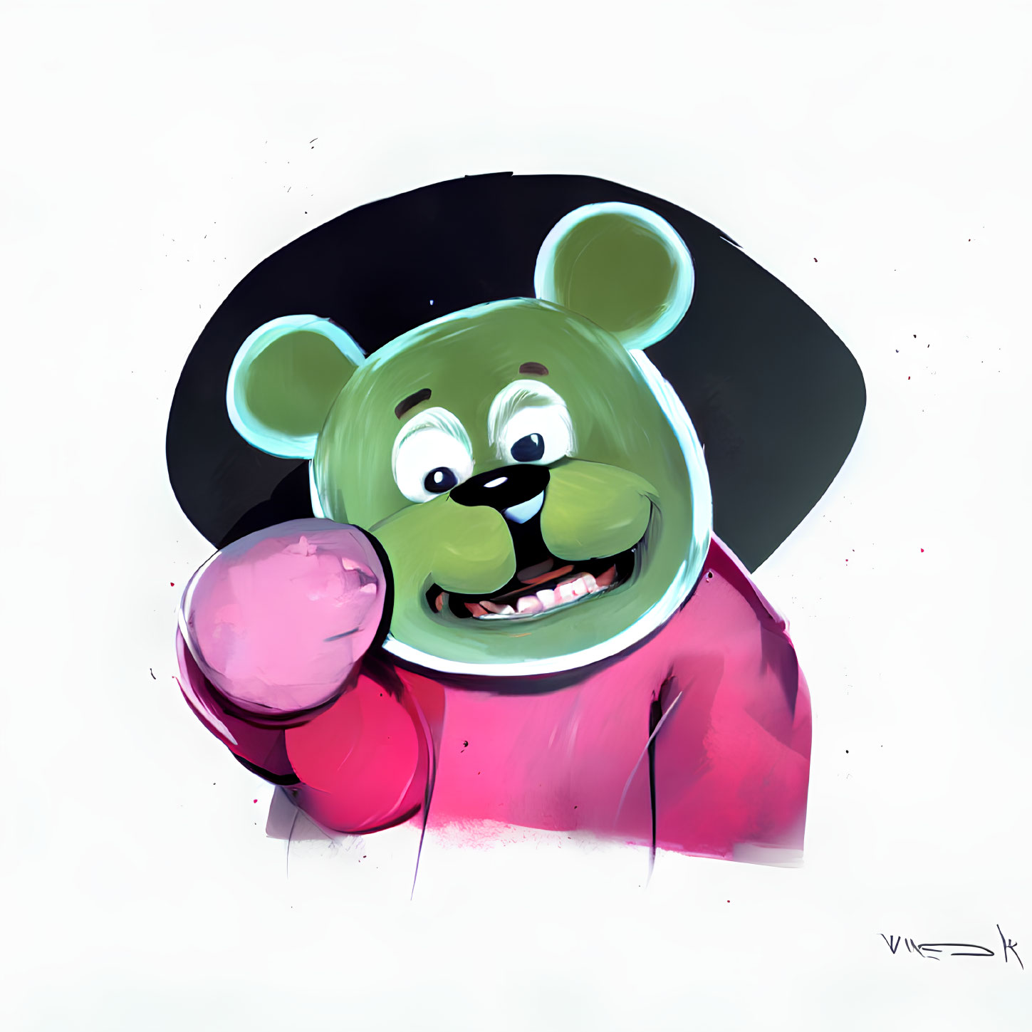 Colorful illustration of a green bear in a hat and pink shirt winking and sticking out tongue