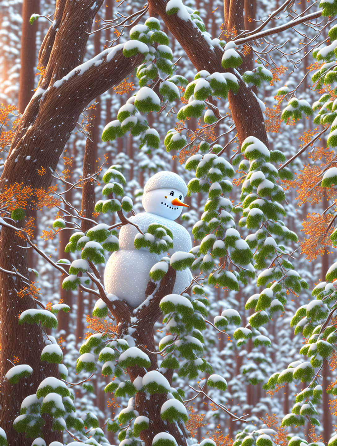 Snowman on snowy branch in forest with falling snowflakes