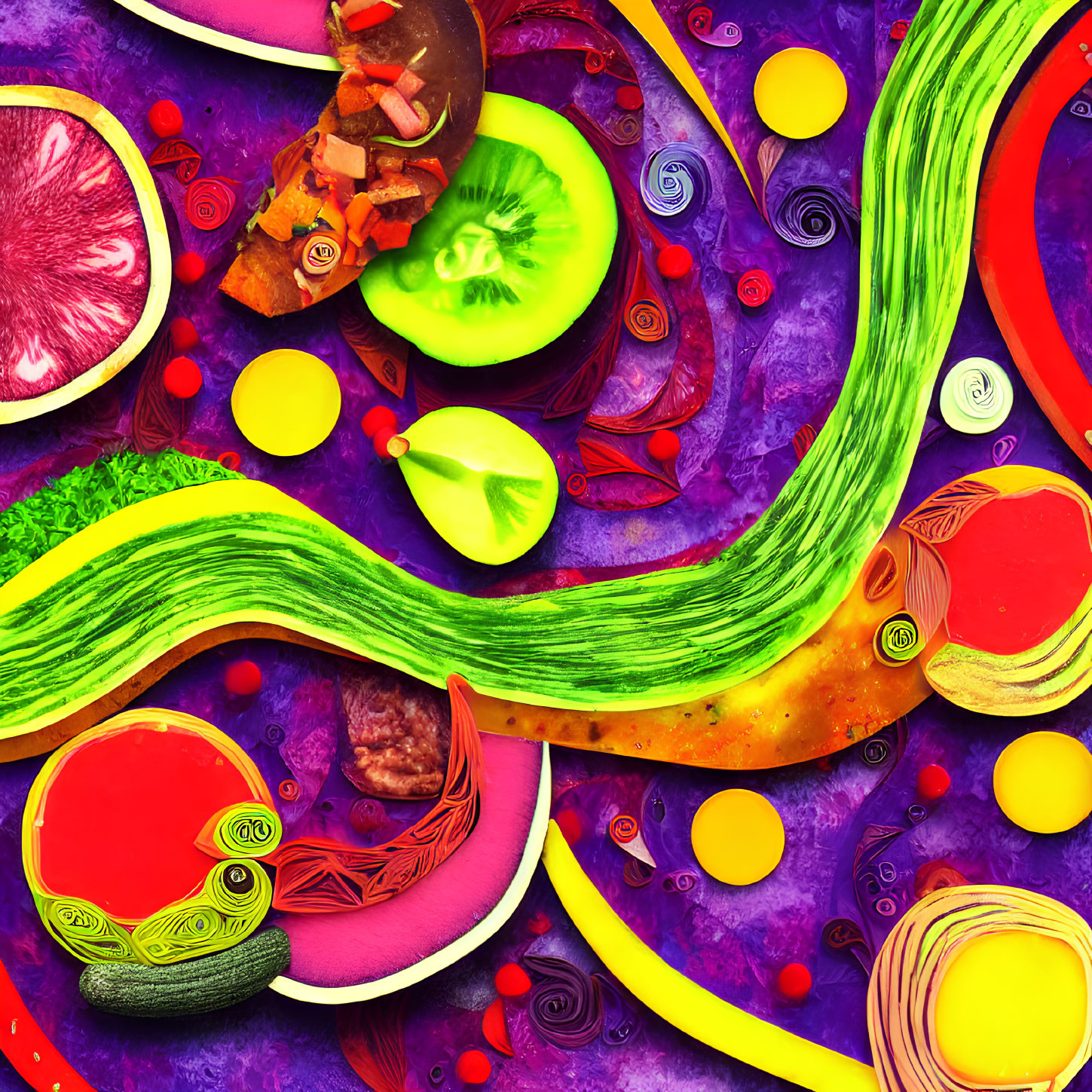 Colorful Abstract Art: Fruits & Vegetables in Psychedelic Style