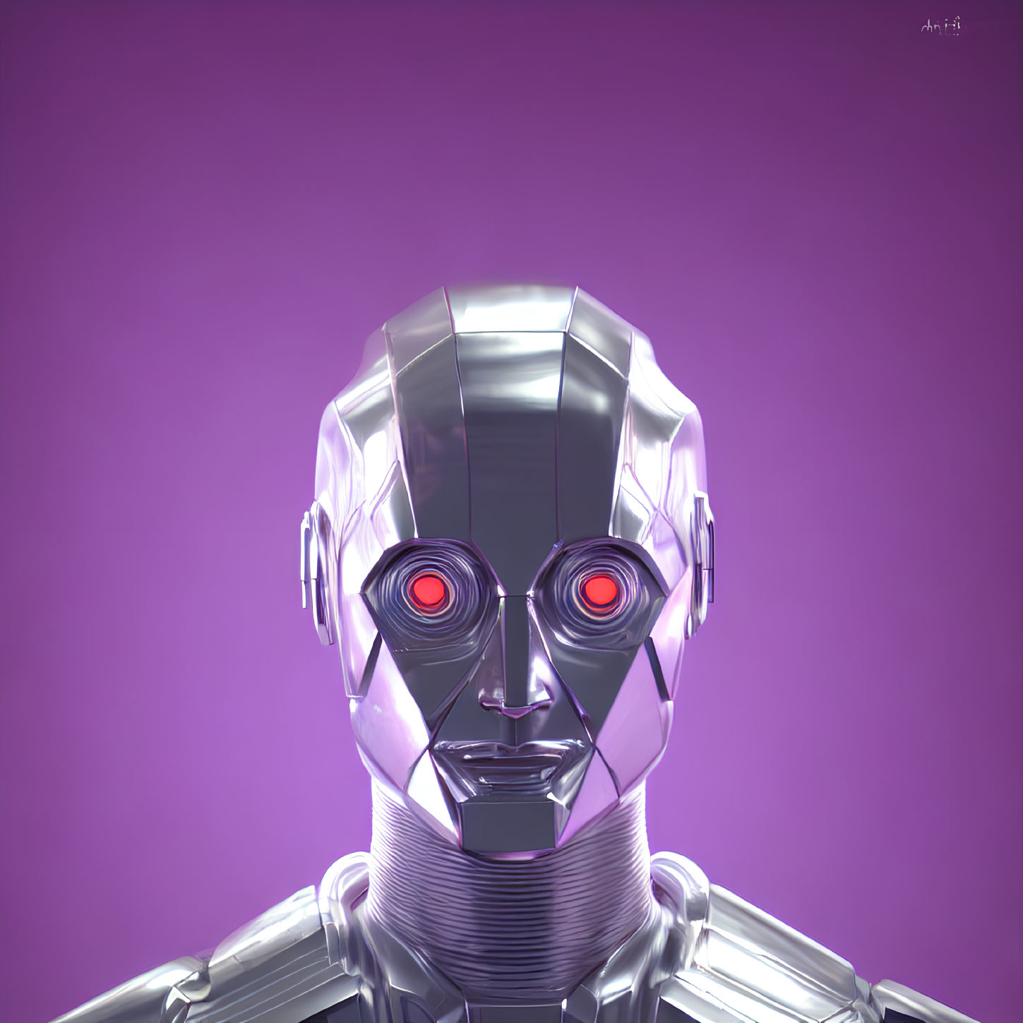 Metallic Silver Robot with Red Eyes on Purple Background