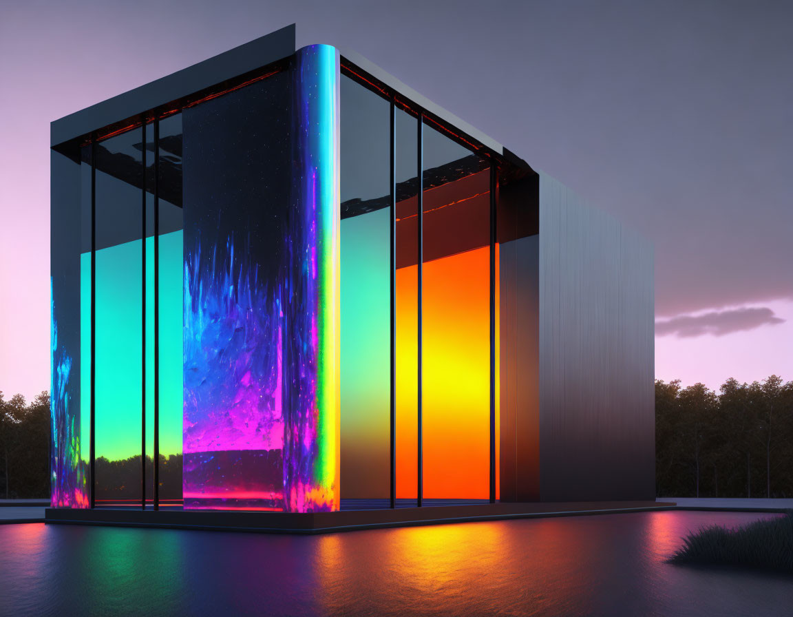 Glass building with colorful light installation at dusk.