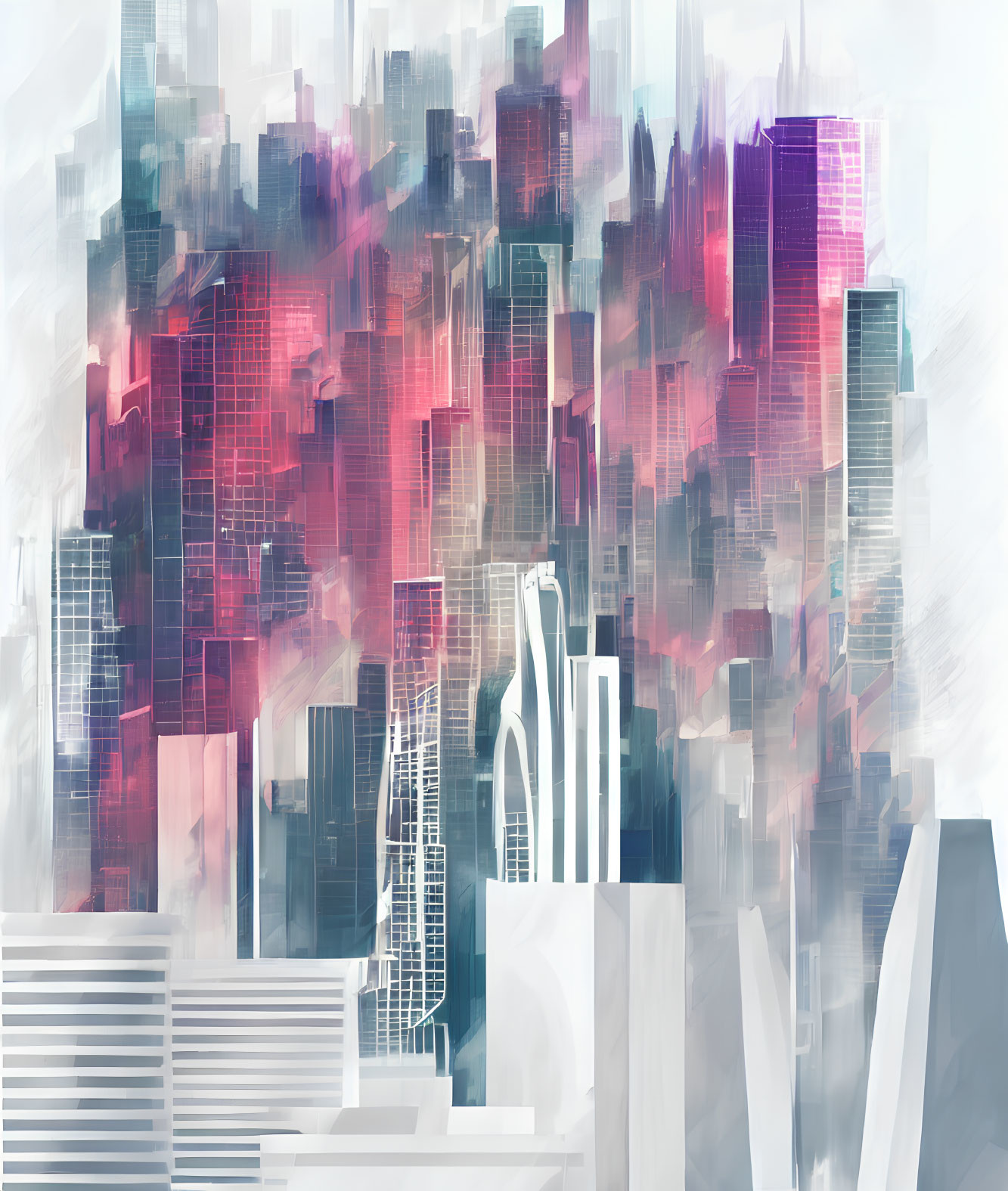 Vibrant pink and blue cityscape digital painting with brushstroke effects