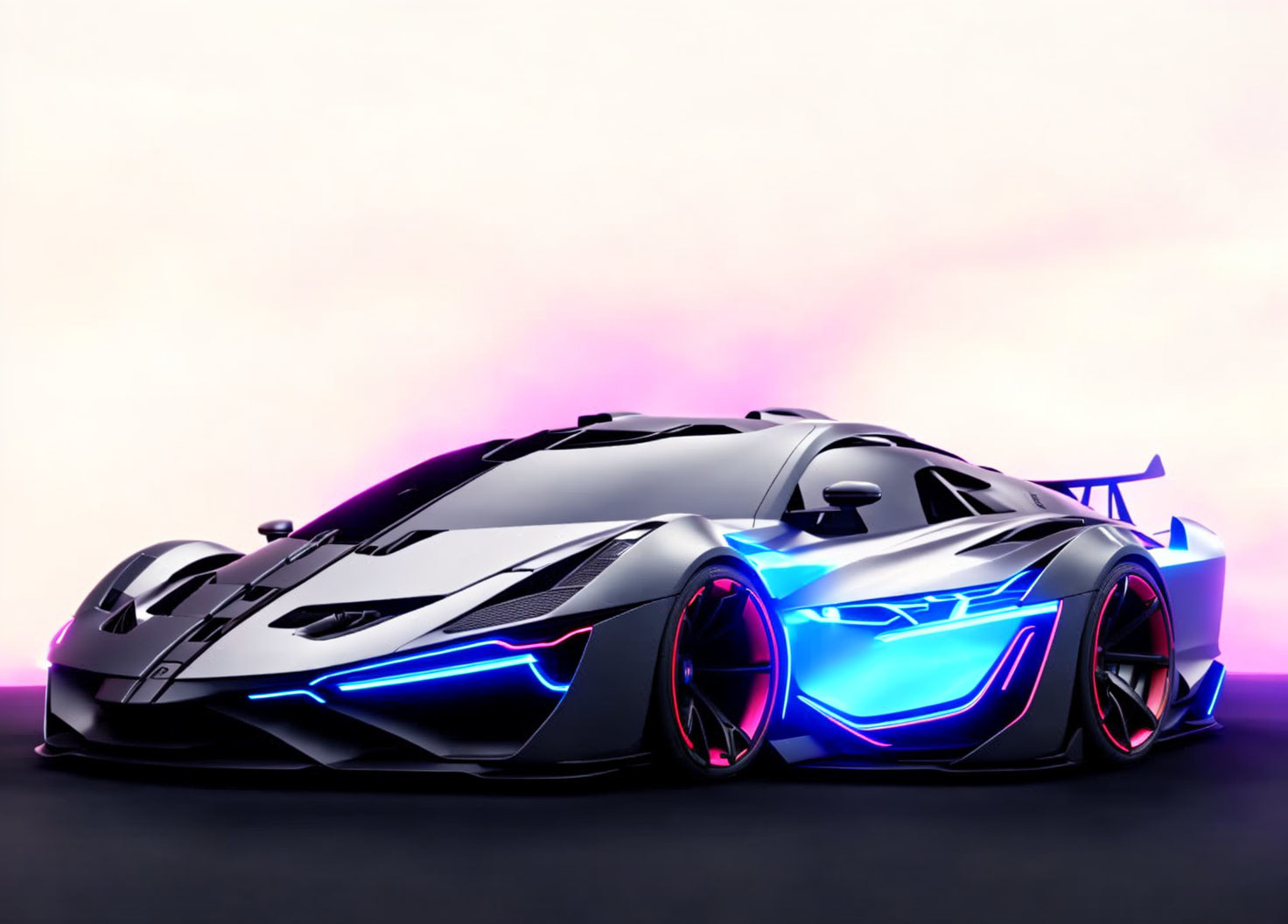 Black Sports Car with Blue Neon Lights on Purple and Pink Gradient Background