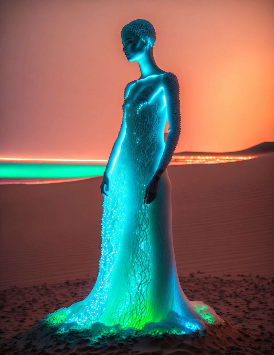 Blue-toned figure in desert with neon green horizon line