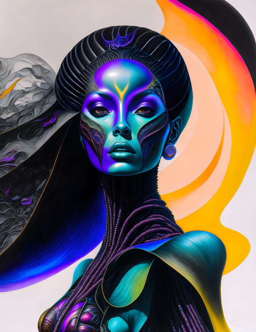 Colorful digital artwork of stylized female figure with exotic features and elaborate headdress.