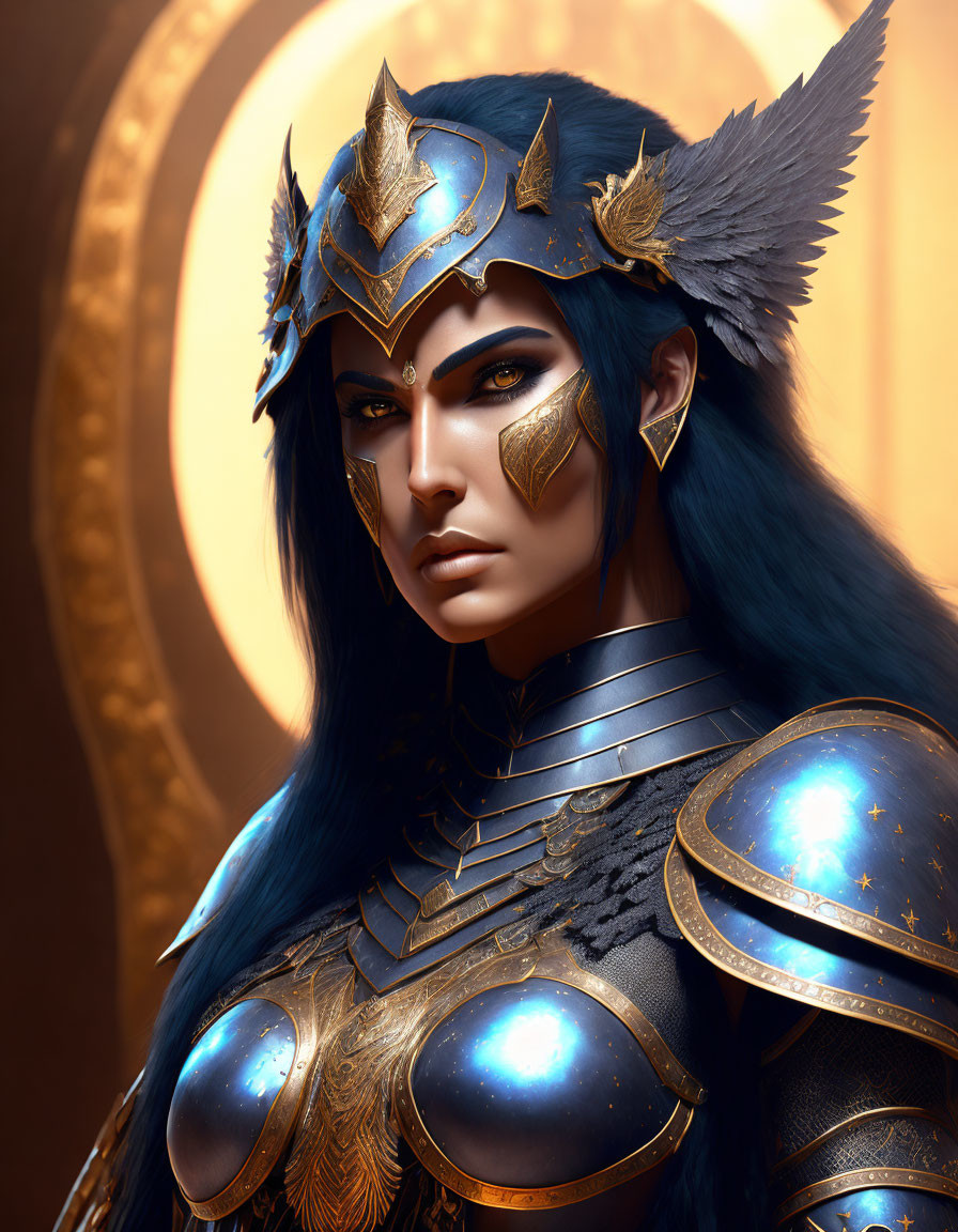 Digital artwork: Woman with blue skin in golden armor and winged helmet