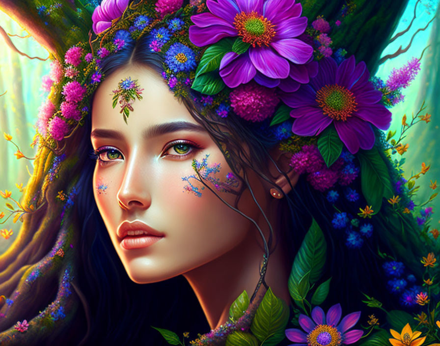 Digital artwork: Woman with floral crown, radiant skin, and forest backdrop