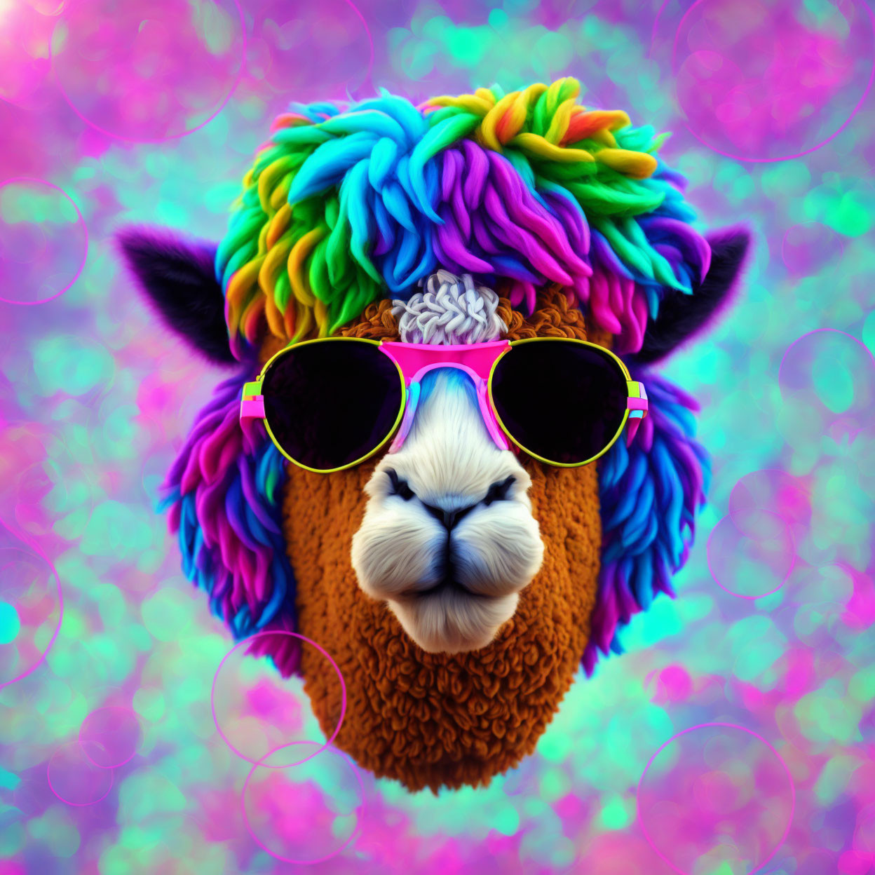 Colorful Alpaca with Rainbow Wool and Sunglasses on Psychedelic Background