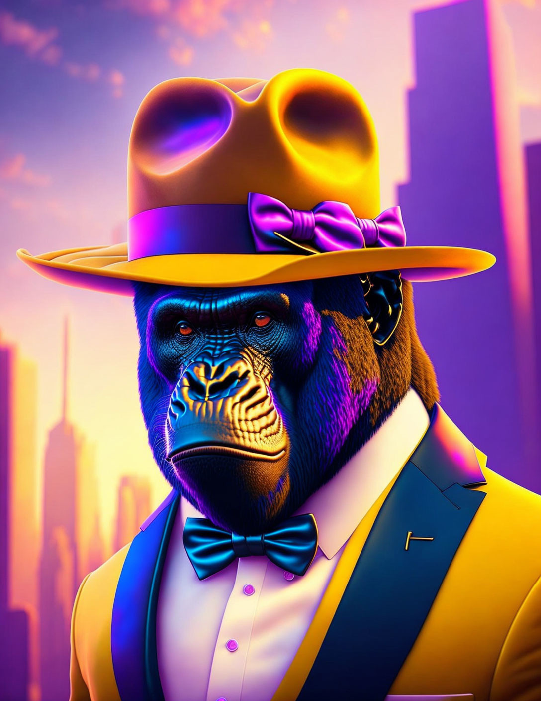 Gorilla in stylish suit and hat against city skyline at sunset