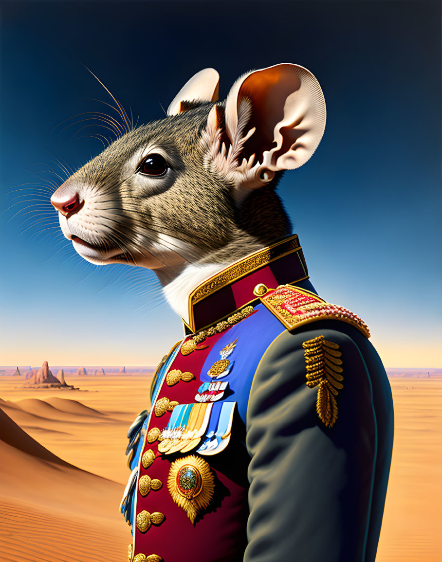 Anthropomorphic mouse in military uniform in desert landscape