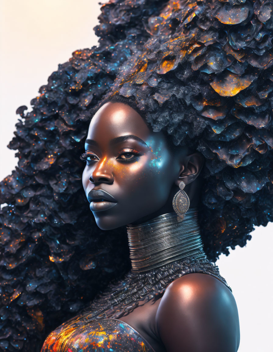 Dark-skinned woman with intricate hairdo and blue highlights, adorned in metallic jewelry