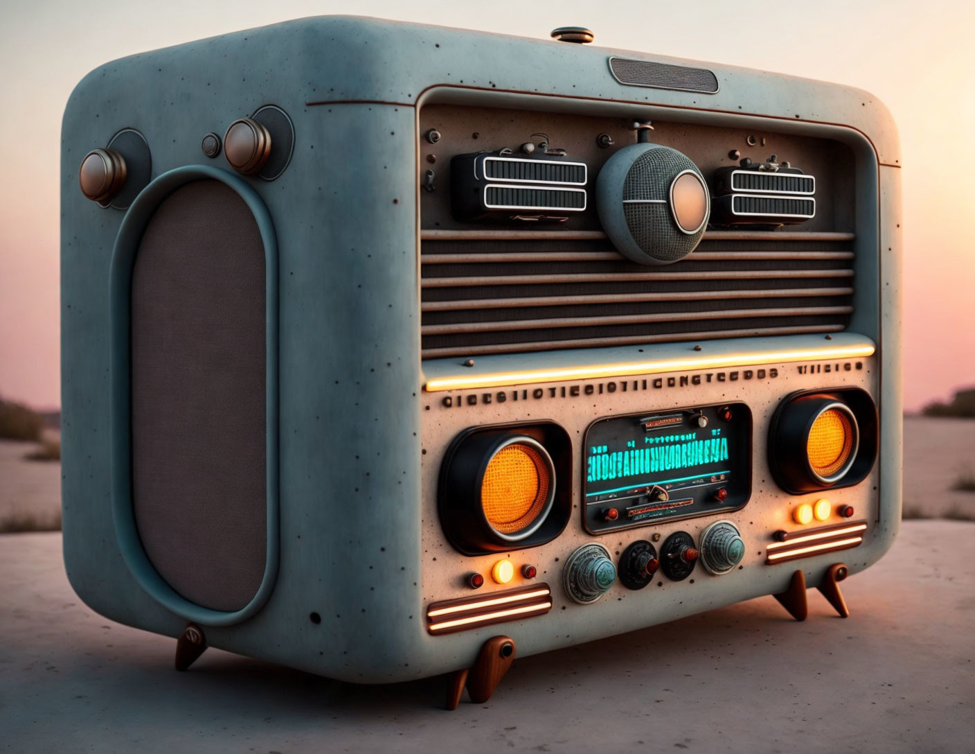 Vintage Radio with Dials and Buttons Against Sunset Backdrop