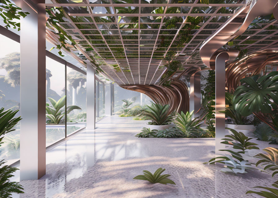 Glass-walled corridor with wooden wave ceiling, greenery, and shadows on tiled floor