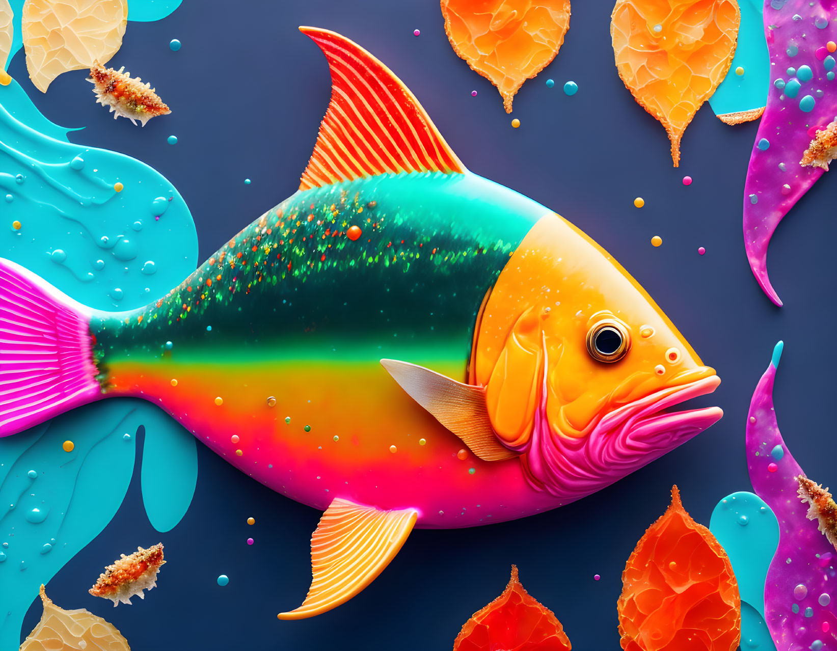 Colorful Fish Digital Artwork with Gradient Body in Stylized Water