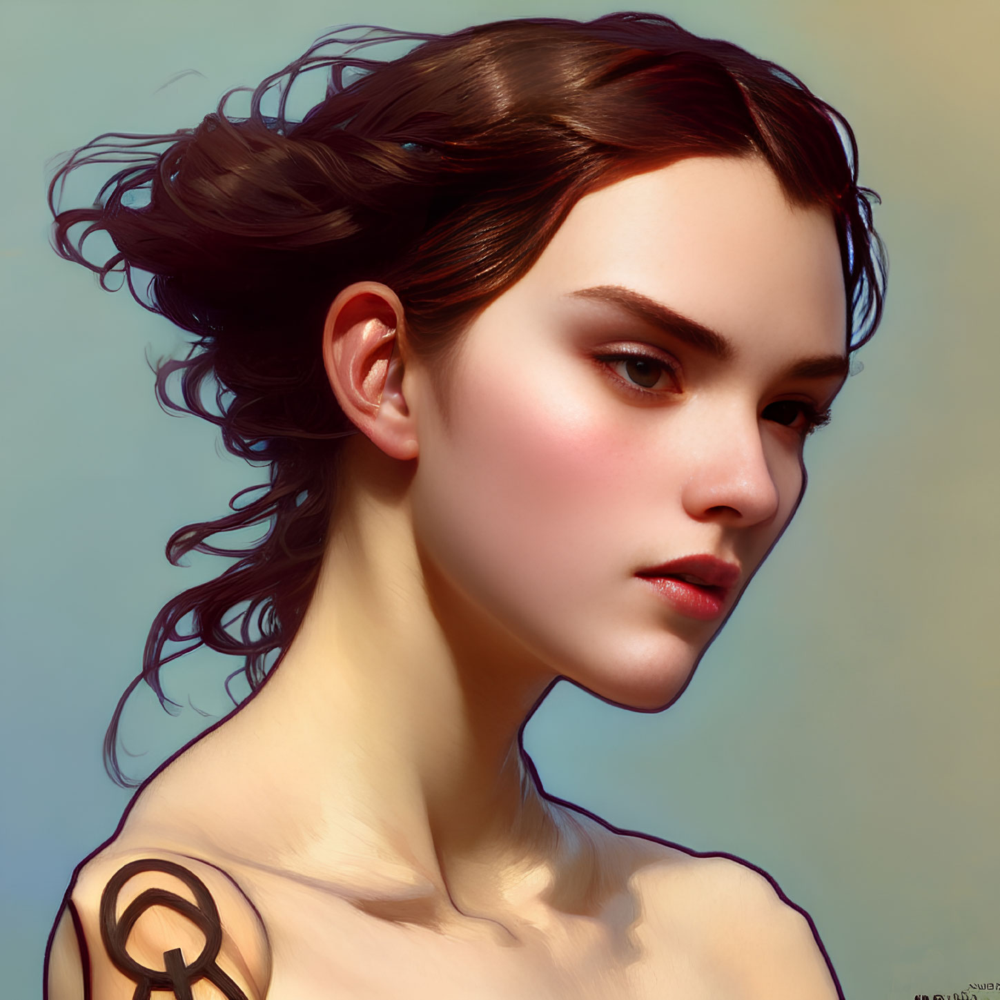 Brown-haired woman with peace symbol tattoo in digital portrait