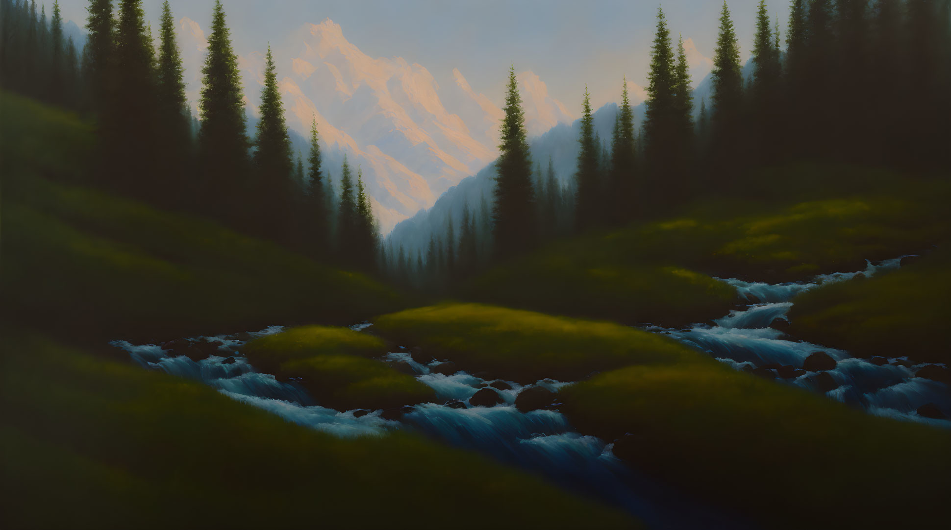 Tranquil landscape painting: meandering river, lush valley, pine trees, sunlit mountain peaks