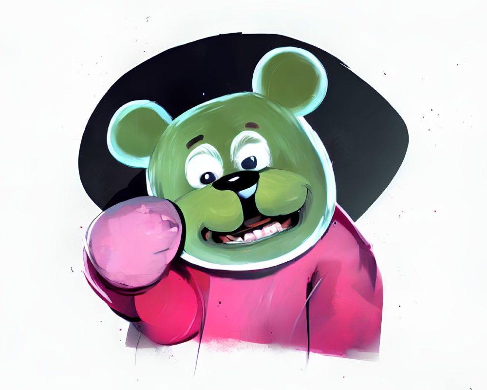 Colorful illustration of a green bear in a hat and pink shirt winking and sticking out tongue