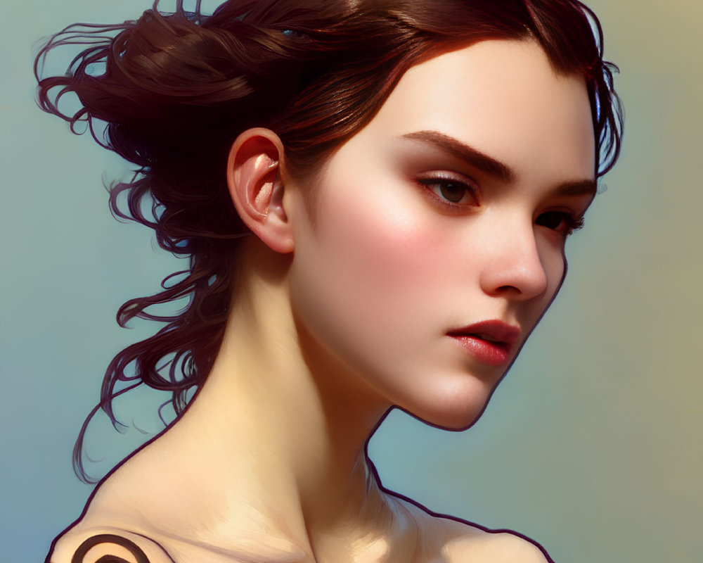 Brown-haired woman with peace symbol tattoo in digital portrait