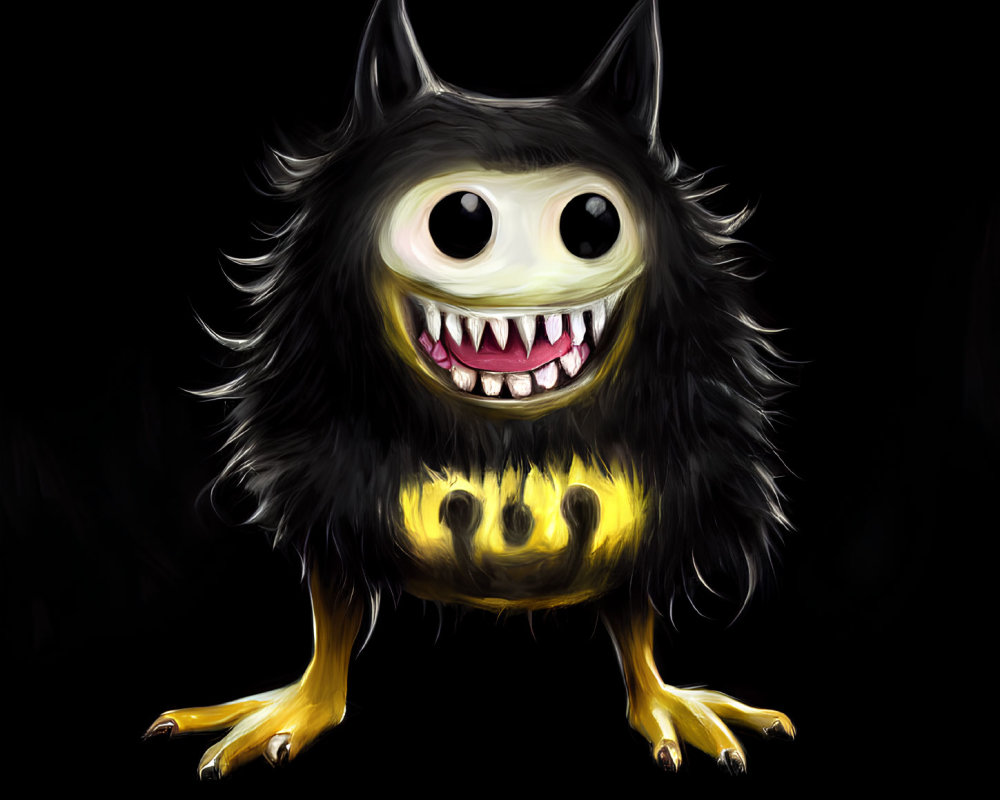 Fuzzy creature with big eyes and pointy ears in black and yellow palette