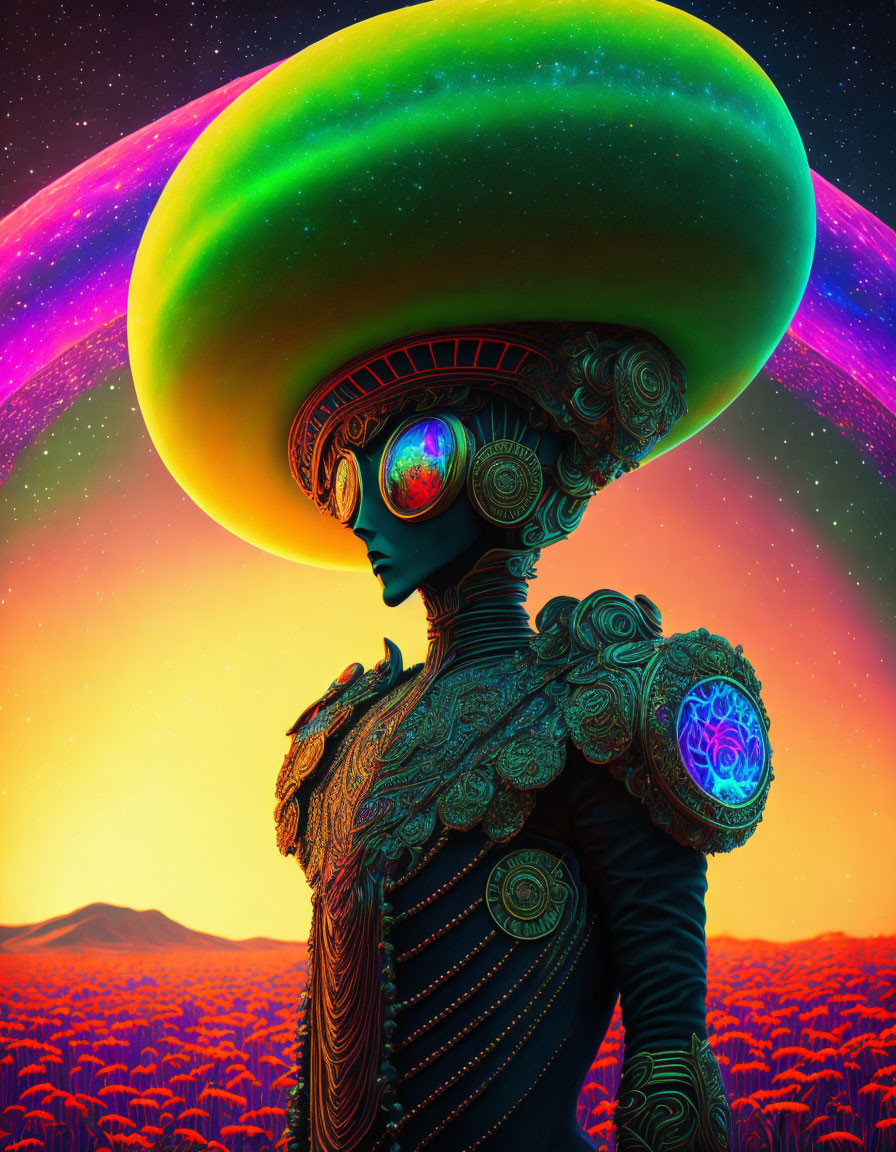 Colorful Alien Illustration with Ringed Head and Glowing Eyes against Starry Sky