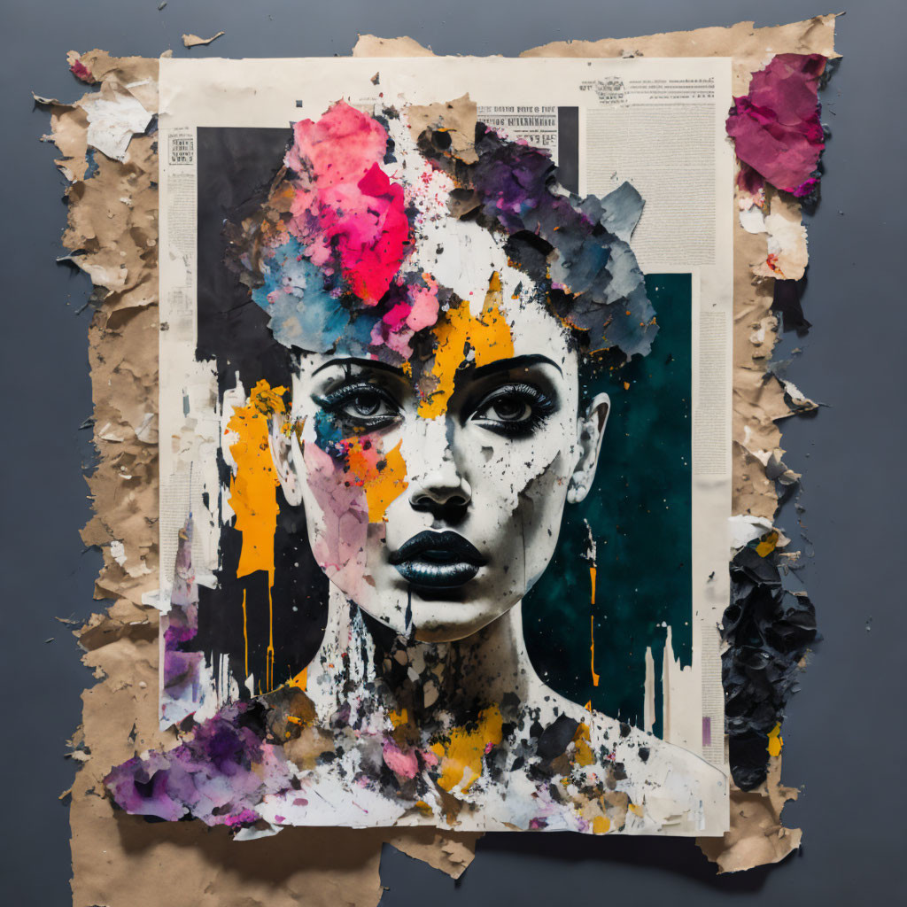 Colorful paint splashes on torn newspaper create woman's face on dark background