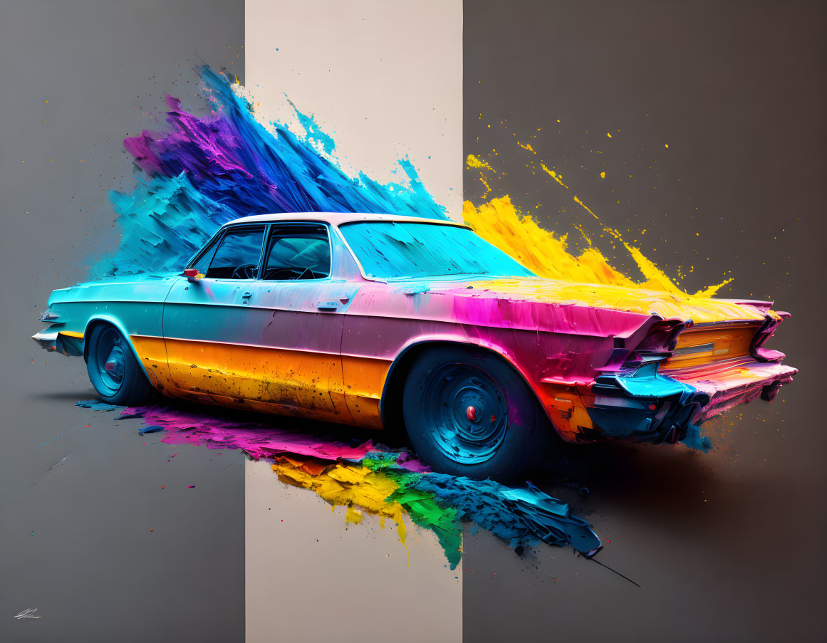 Vibrant abstract colors on classic car against beige and gray backdrop