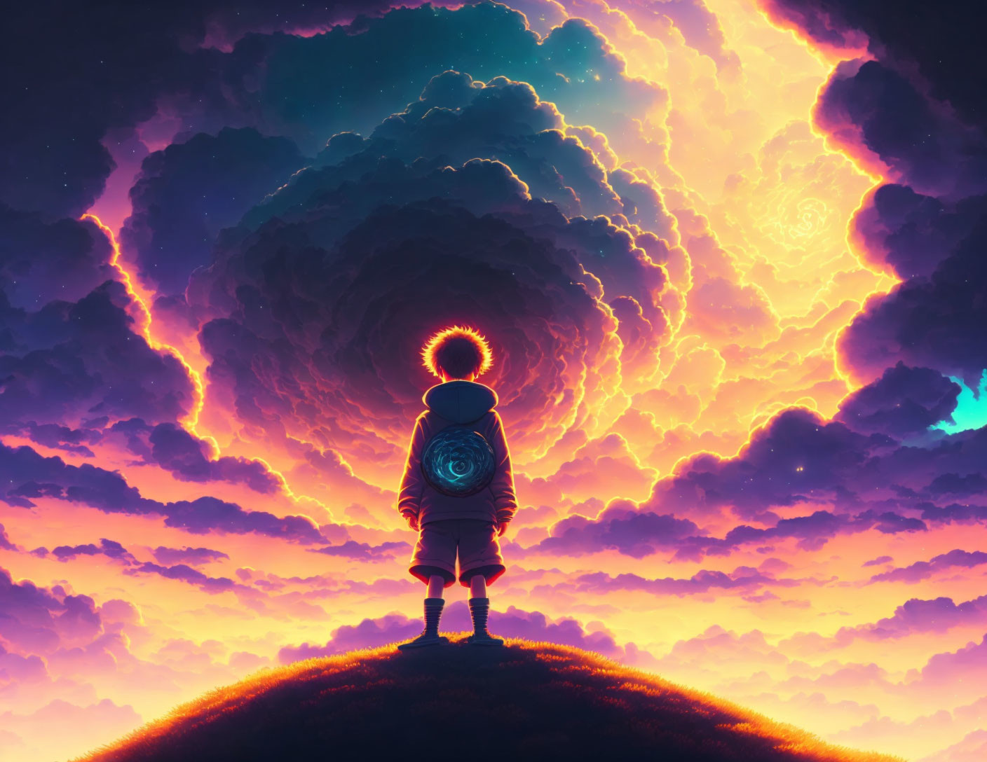 Child with glowing halo gazes at surreal, vibrant sky.