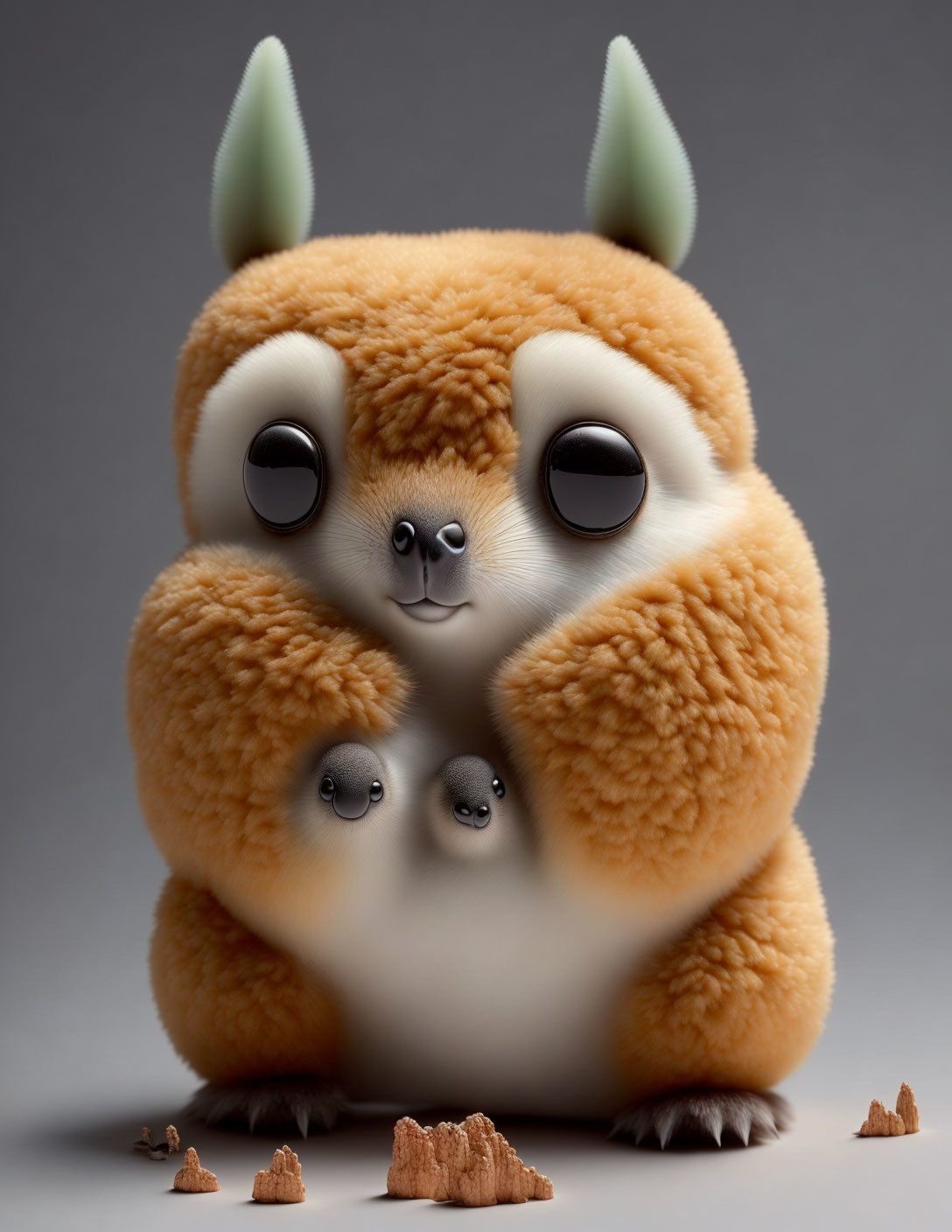 Stylized 3D-animated creature with big eyes and orange fur sitting with mini versions