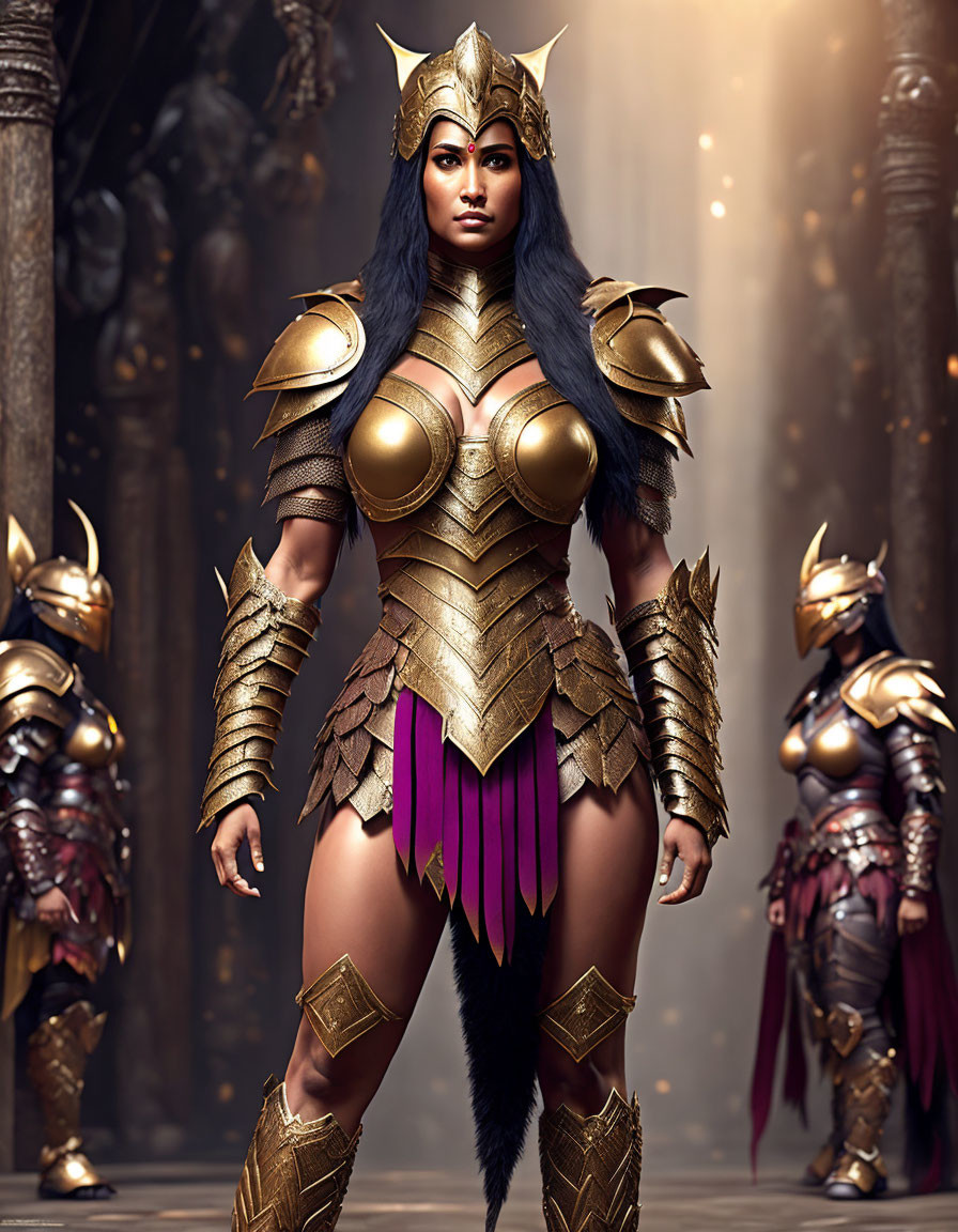 Warrior woman in golden armor with two figures in background.