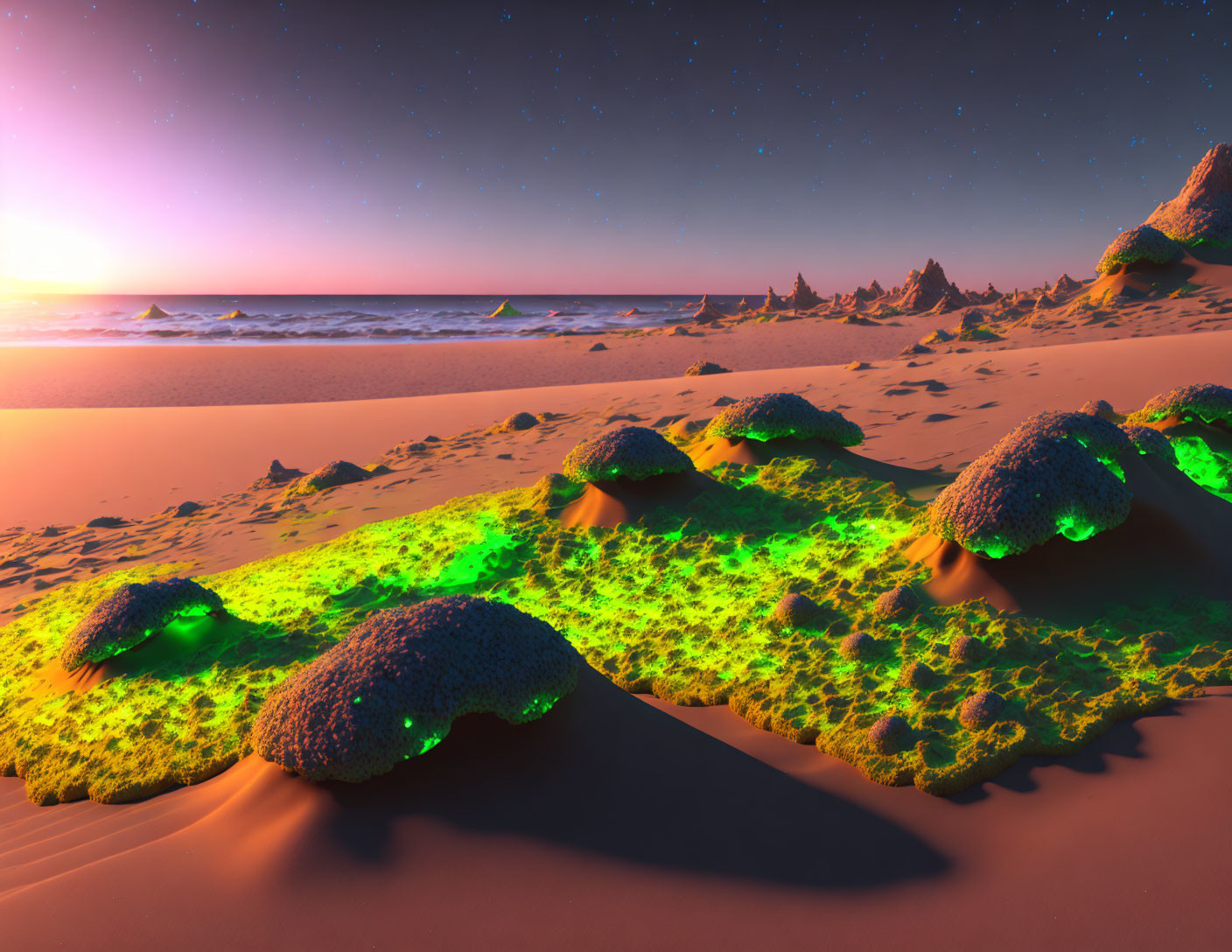 Twilight beachscape with glowing green moss-covered rocks