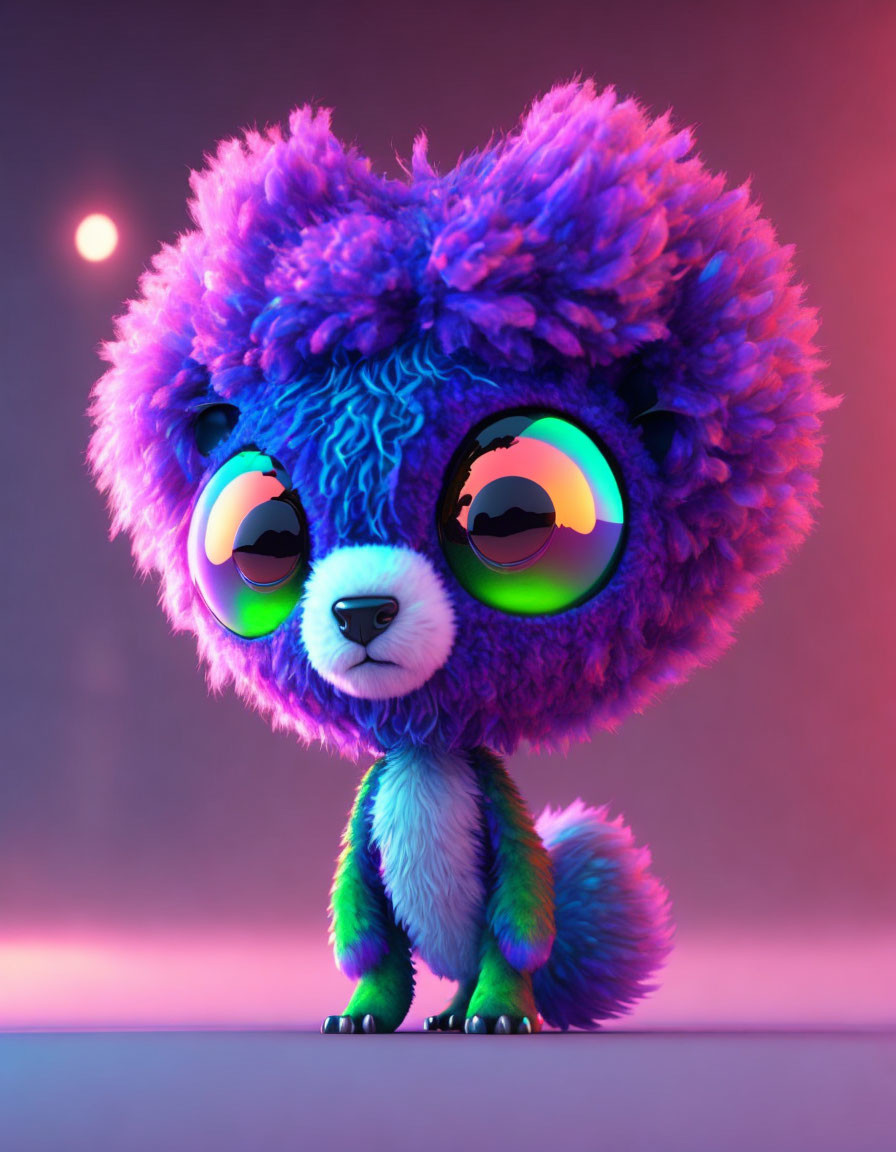 Colorful Fluffy Animated Creature in Purple and Blue Fur