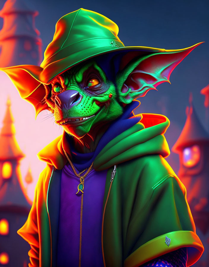 Green-skinned goblin creature in green attire with castle backdrop