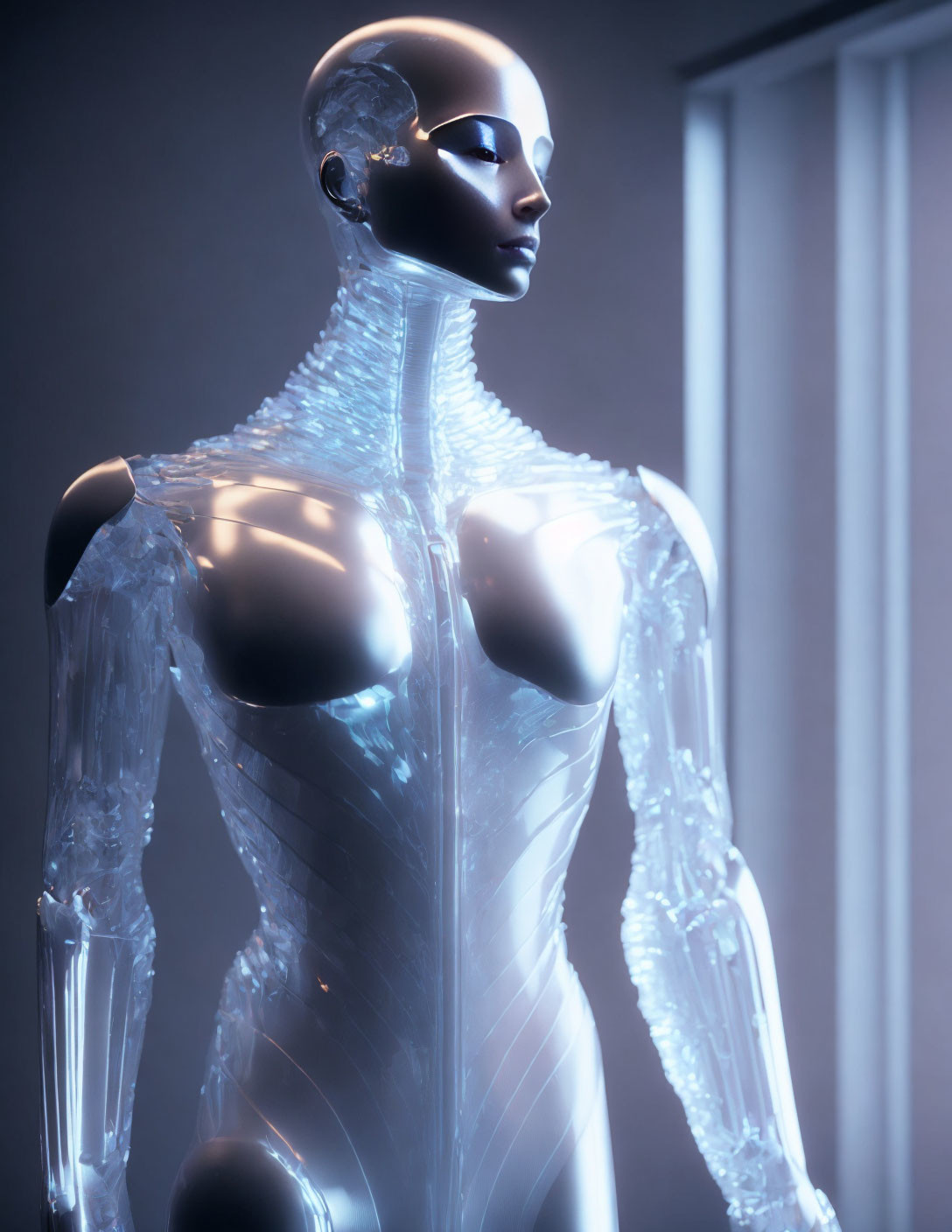 Futuristic humanoid robot with glossy design and intricate structure