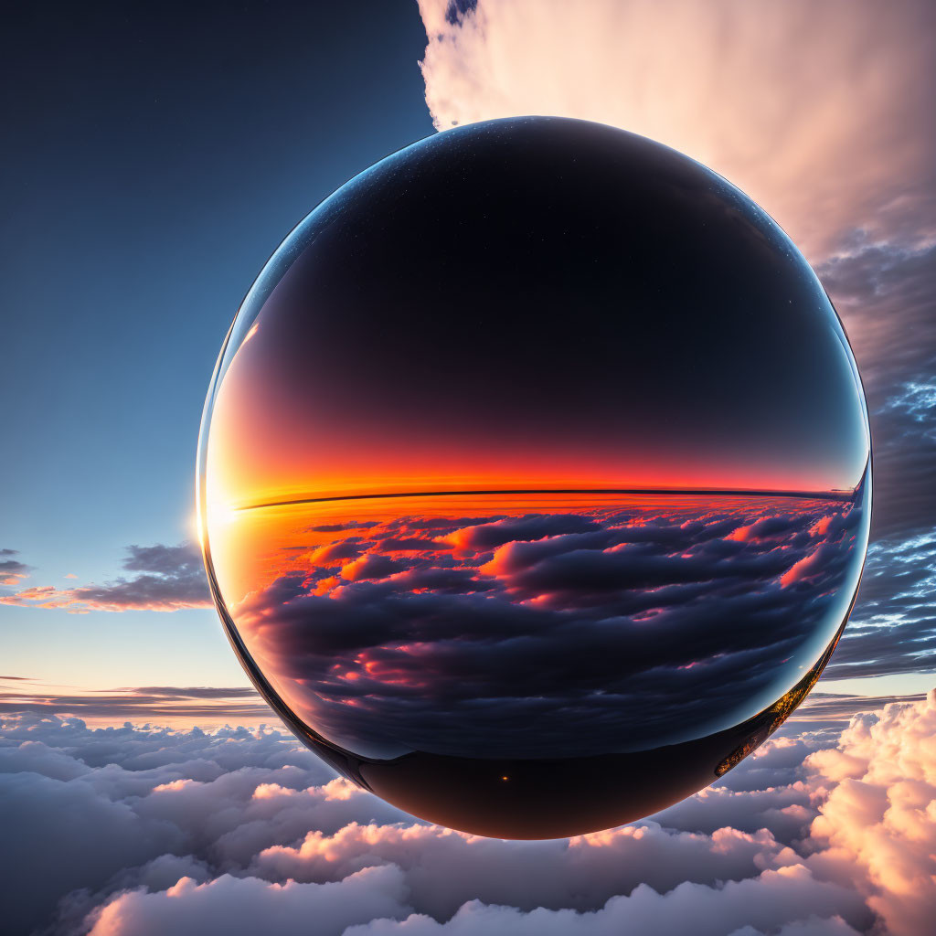 Reflective sphere floating above clouds at sunset with day to night sky gradient