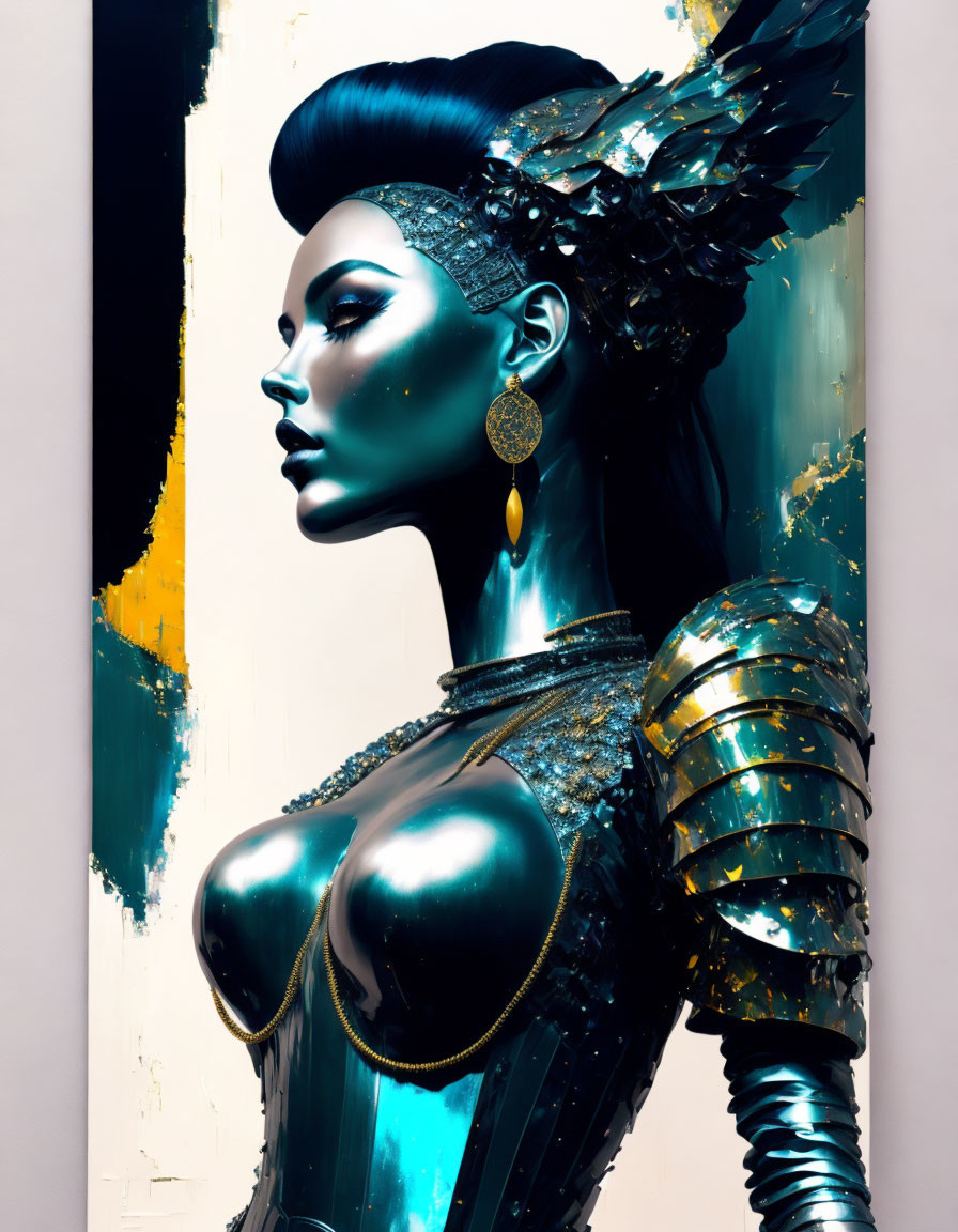 Woman in Metallic Blue Armor with Feathers and Gold Jewelry on Abstract Background