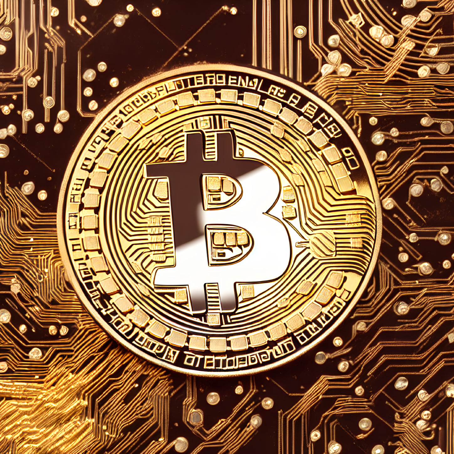 Golden Bitcoin on Circuit Board Symbolizes Digital Finance