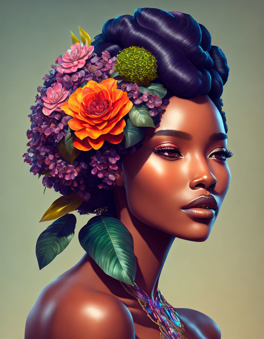 Colorful Floral Arrangement in Woman's Hair: Digital Portrait Displaying Vibrant Flowers and Lush