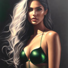 Elegant woman with white hair and green bikini top on dark background