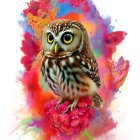 Colorful Owl Illustration with Blue Eyes and Flowers on White Background