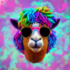 Colorful Alpaca with Rainbow Wool and Sunglasses on Psychedelic Background