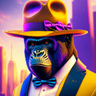 Gorilla in stylish suit and hat against city skyline at sunset