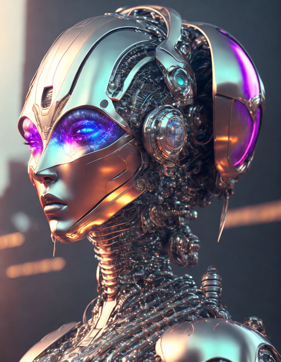 Detailed Female Android with Chrome Finish & Neon Blue Eyes