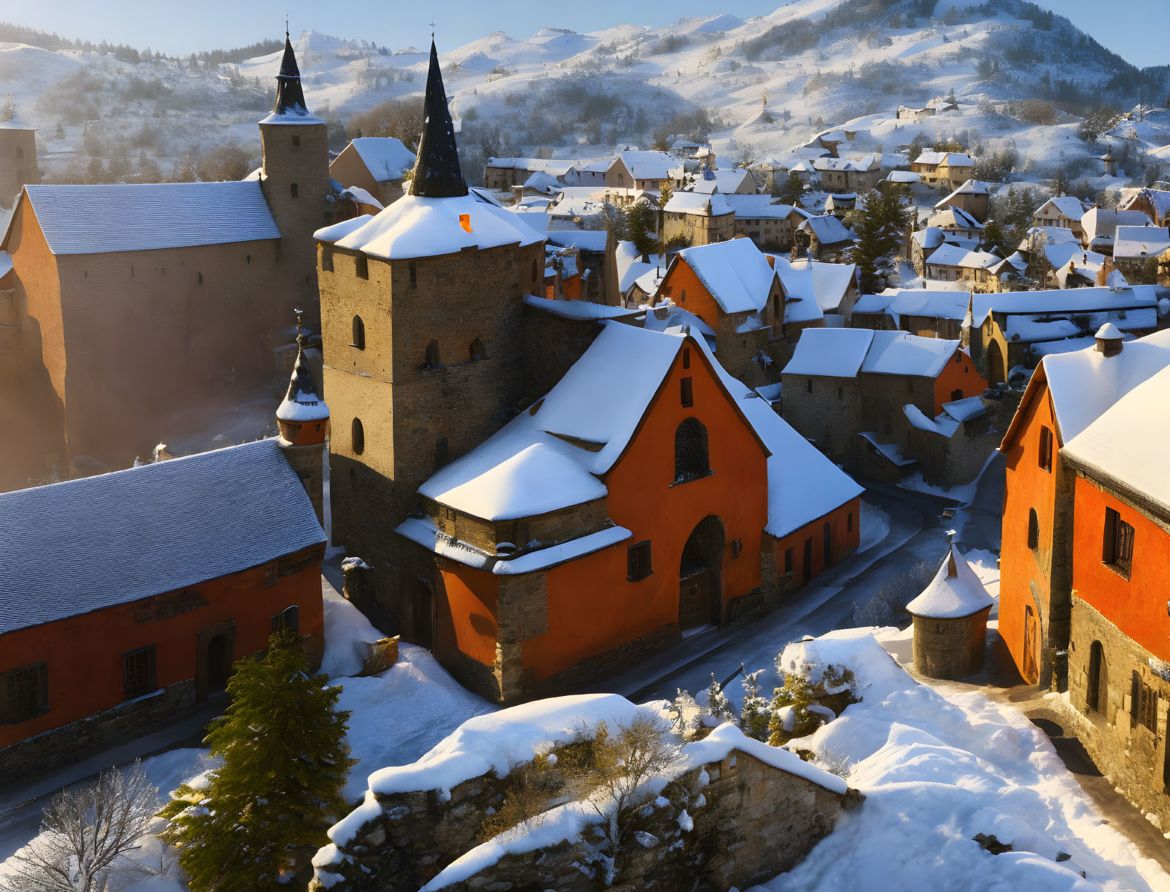 Snow-covered historic village with orange buildings and church spires in golden sunlight